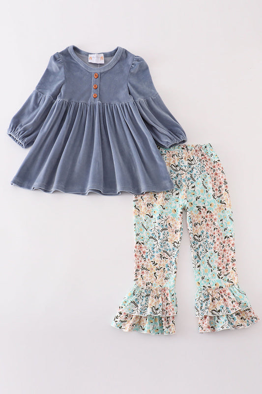 Blue velvet floral print girl set