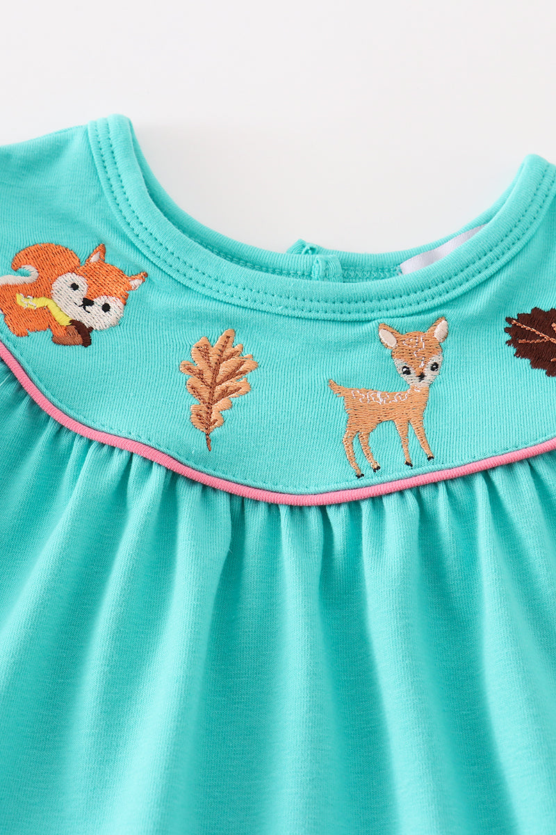 Teal floral print forest animal embroidery baby set