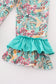 Teal floral print forest animal embroidery girl set