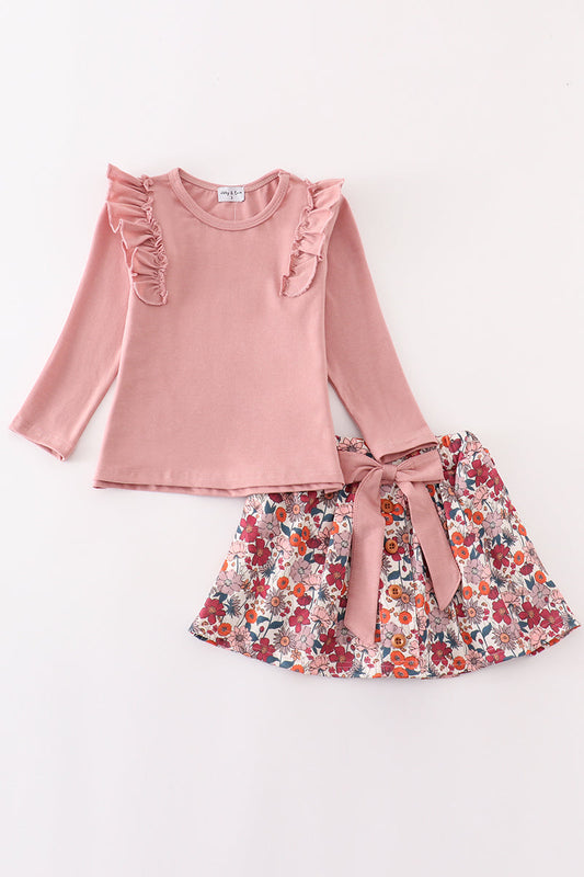 Pink floral ruffle skirt set