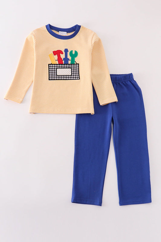 Premium mustard stripe tools applique boy set