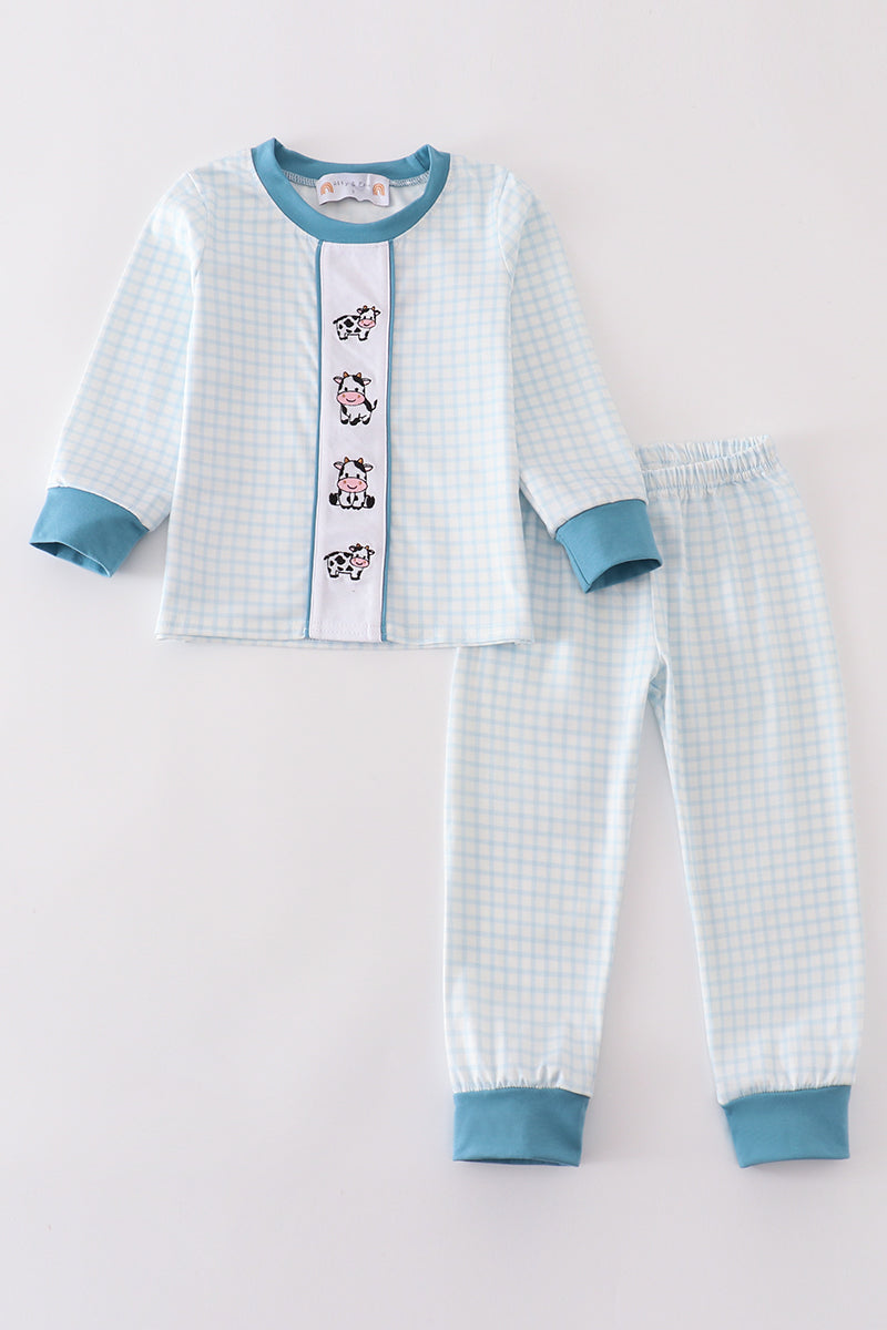 Blue gingham cow embroidery boy pajamas set