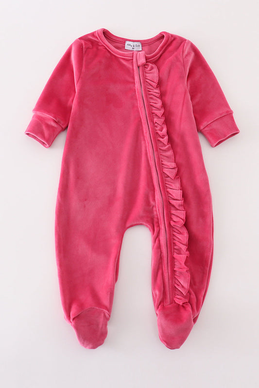 Hot pink velvet girl romper