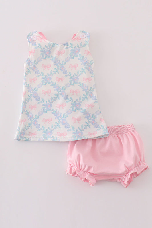 Pink bow print girl bloomer set