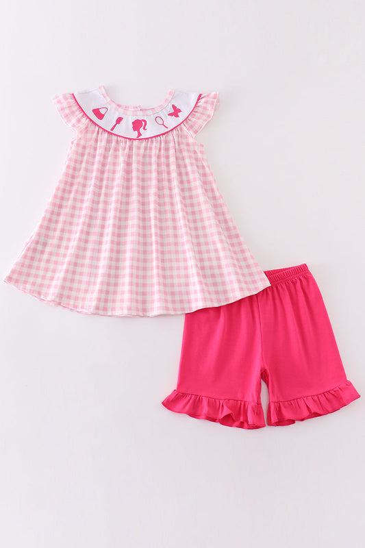 Pink barbie embroidery gingham girl set