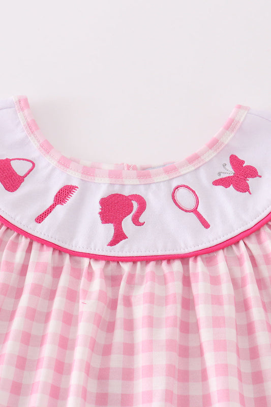 Pink barbie embroidery gingham girl dress