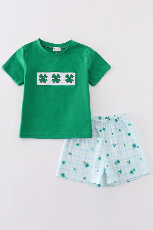 Green lucky clover embroidery boy set