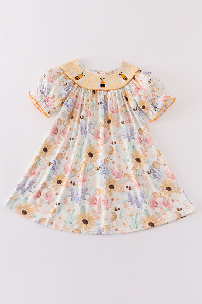 Yellow bee embroidery girl dress