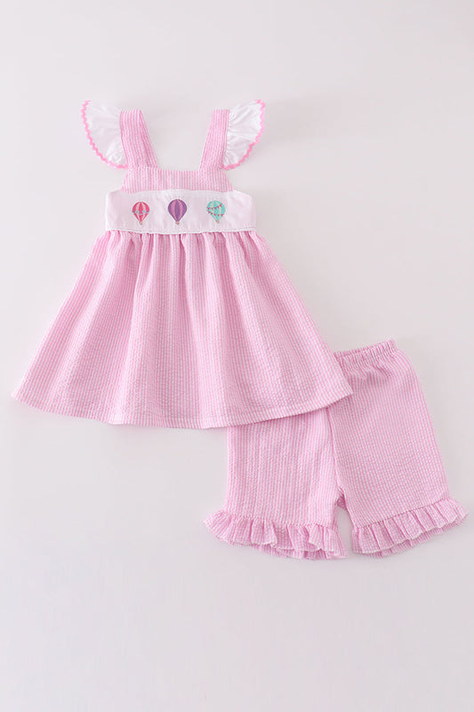 Pink seersucker hot air balloon embroidery girl set