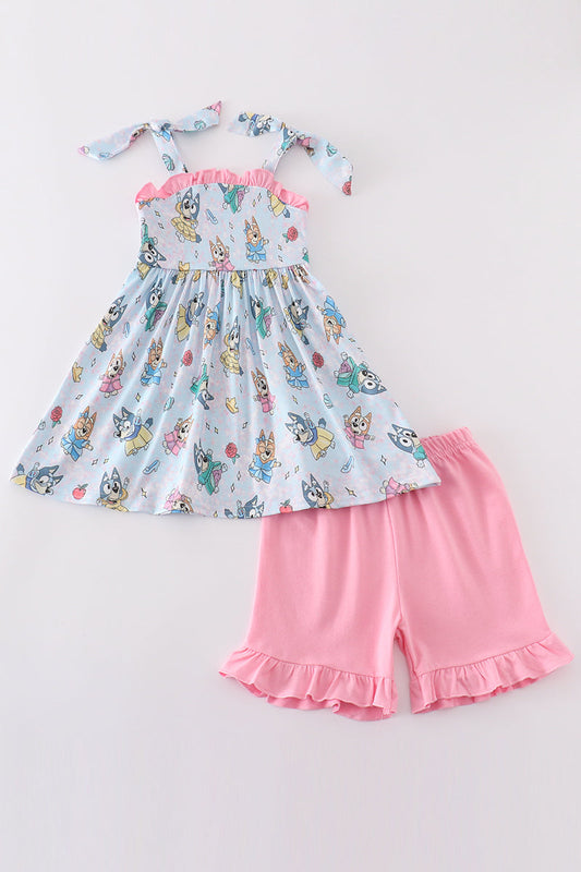 Pink character print ruffle girl set