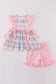 Pink plaid character embroidery girl set