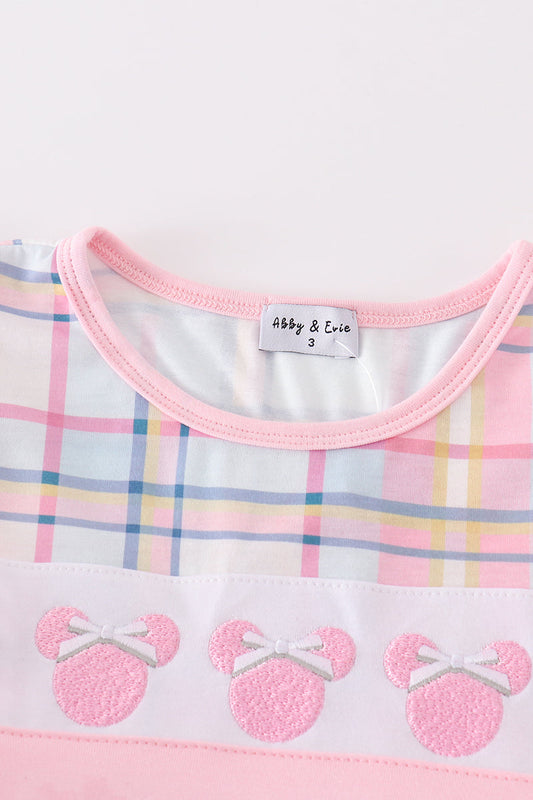 Pink plaid character embroidery girl set