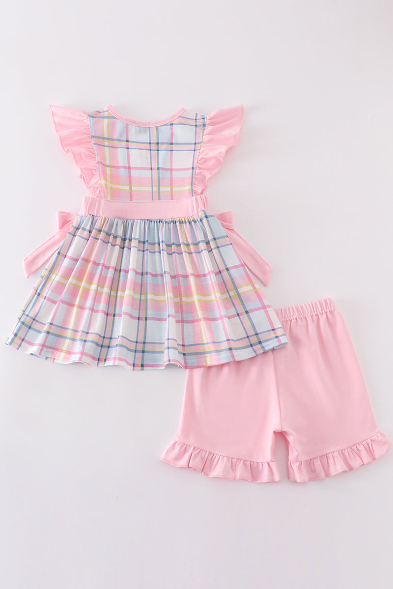 Pink plaid character embroidery girl set