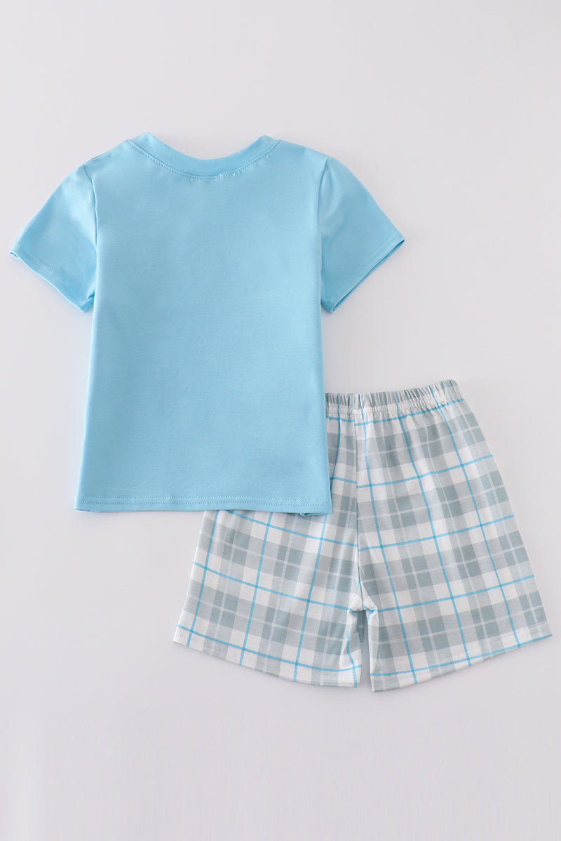 Blue plaid character embroidery boy set