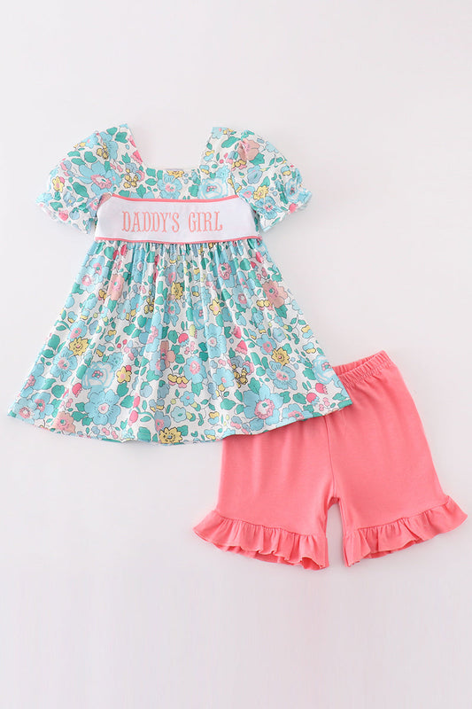 Green floral daddy's girl embroidery girl set