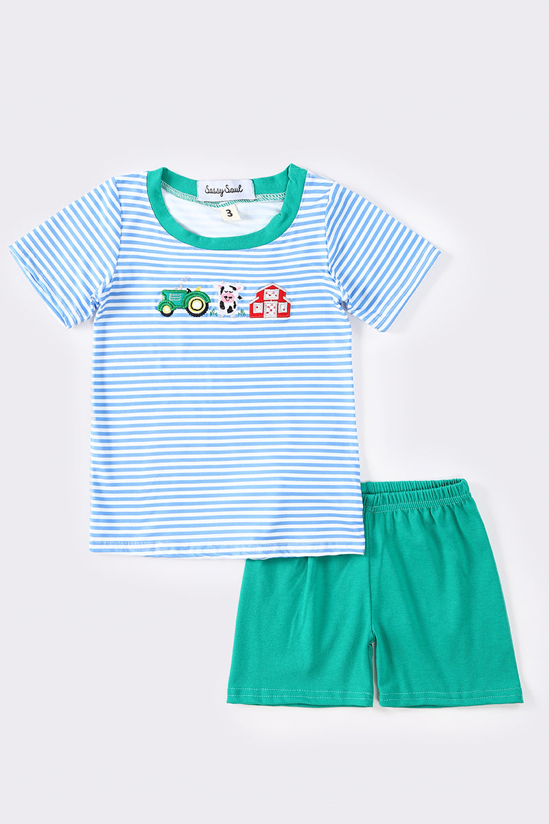 Blue stripe farm embroidery boy set