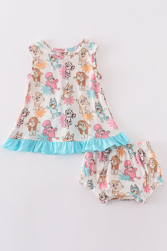 Blue character print ruffle girl bloomer set