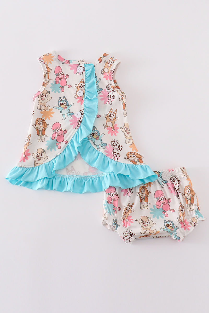 Blue character print ruffle girl bloomer set